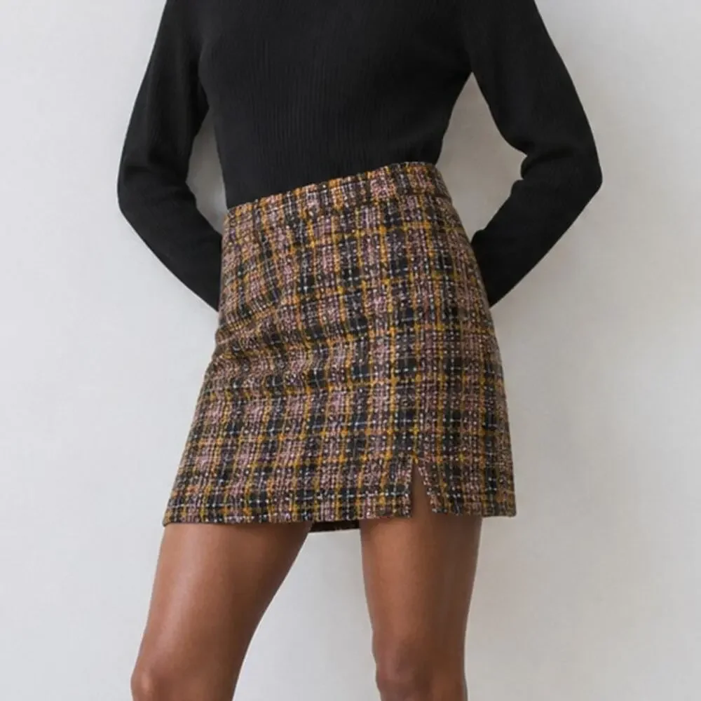 Greylin Skirt Womens XS Mini Black/Orange Tweed Plaid Pencil Straight NWT